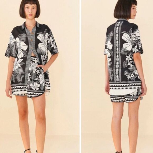 FARM RIO Macaw Elegance Uni Linen-blend Shirt In Black M - Picture 2 of 7